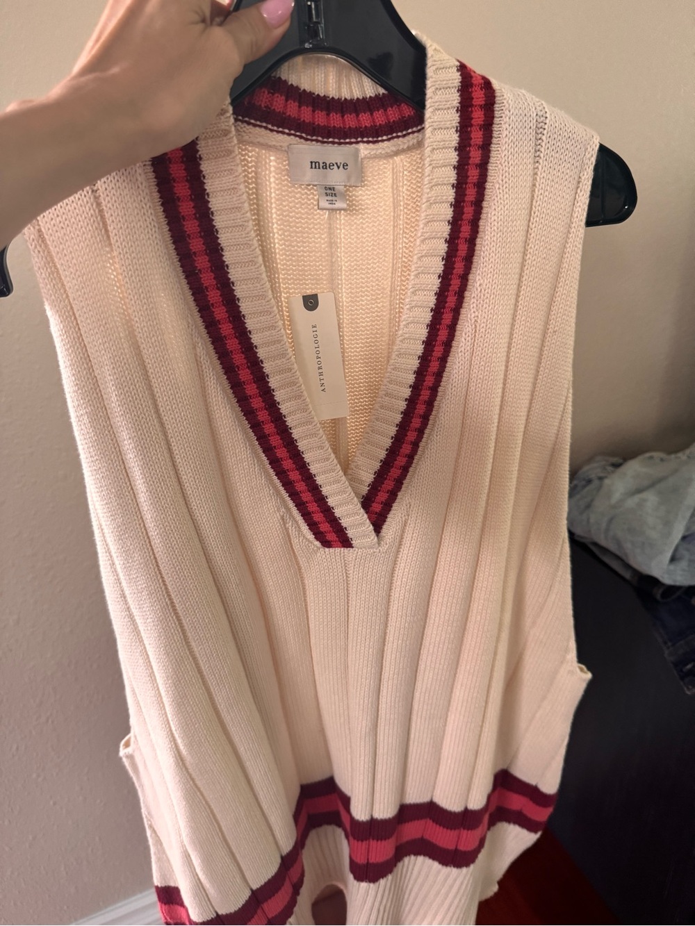 New Never Worn Maeve Cream V-Neck Knit Sweater Vest with Red Stripes